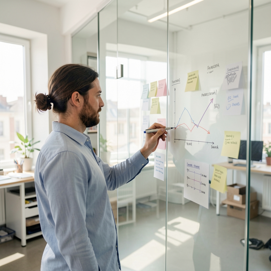 Marketinganalystin markiert Diagramme und Notizen an einer Glaswand in einem hellen Workshopraum