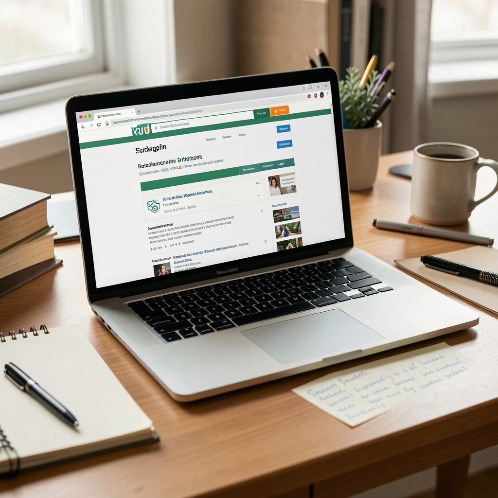 Laptop mit Suchergebnis-Seite und handschriftlichen Notizen auf einem Schreibtisch