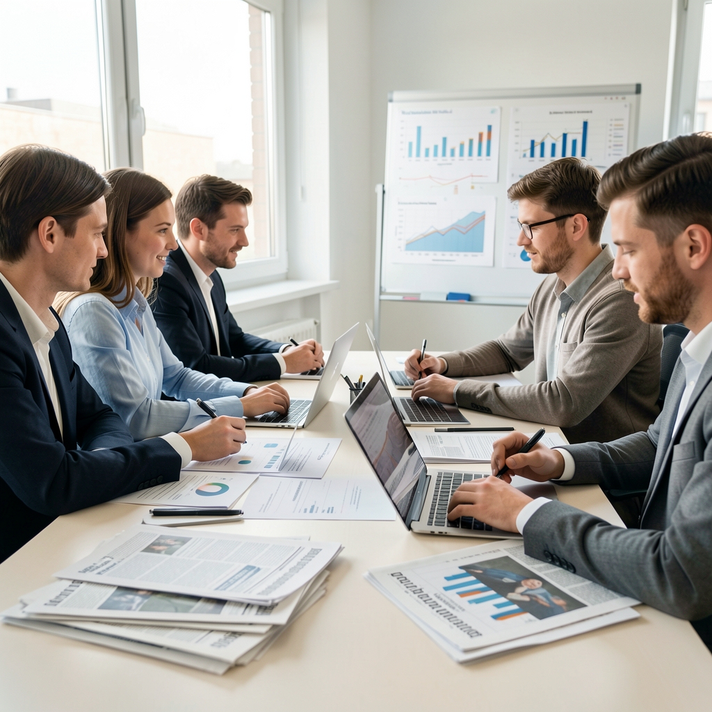 Redaktionsteam an einem hellen Tisch bei der Auswertung von Marketingdaten und Zeitungsnotizen