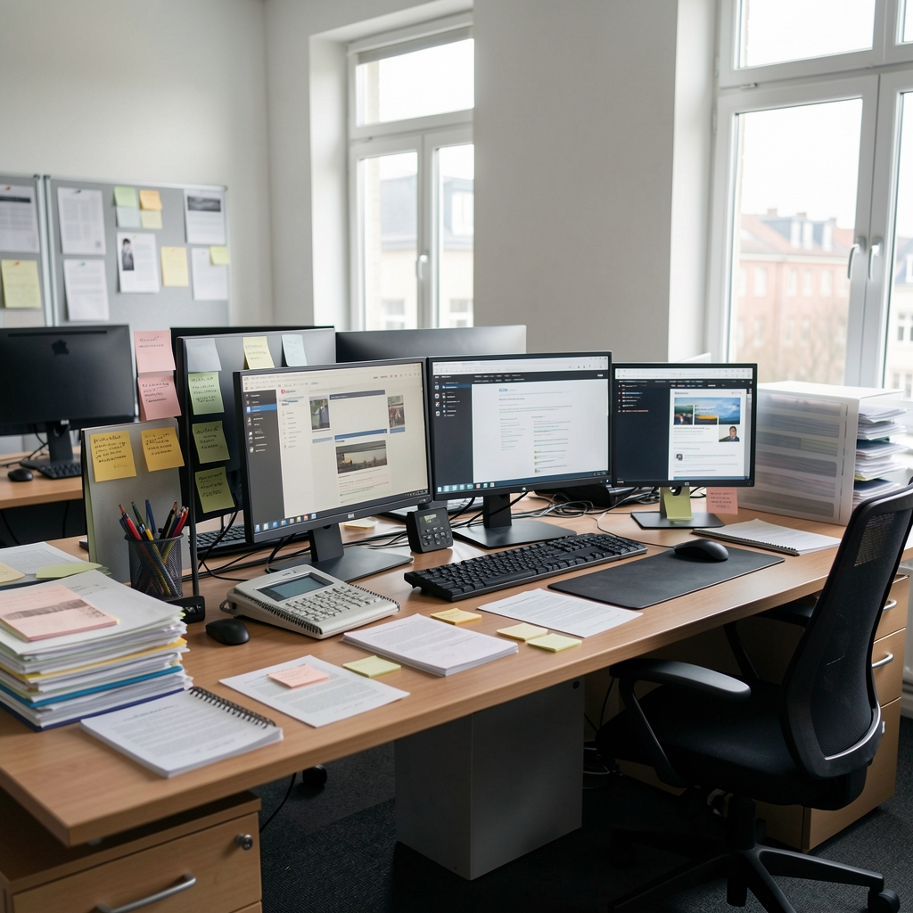 Aufgeräumter Newsroom mit Monitoren, Notizkarten und einer Tasse Kaffee am Redaktionsschreibtisch