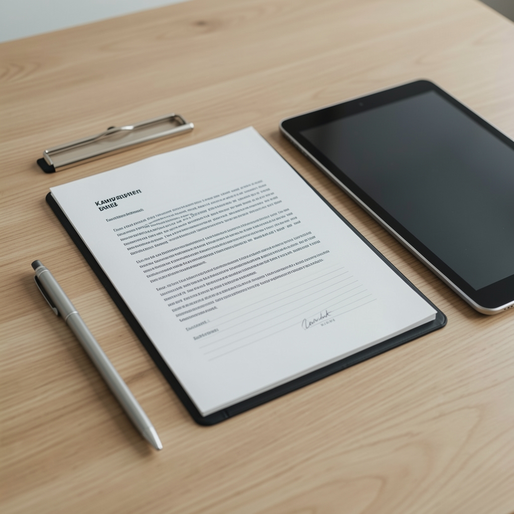 Offenes Notizbuch mit strukturiertem Kampagnenbriefing neben einem Stift und einem Tablet