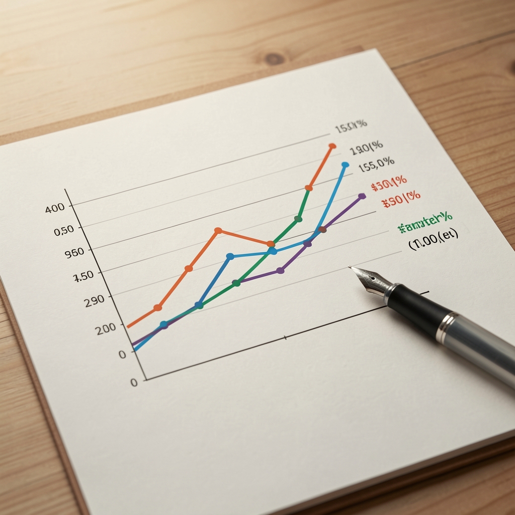 Redaktionelle Analyse mit Linienchart, markierten Reichweitenwerten und einem Stift auf Papier